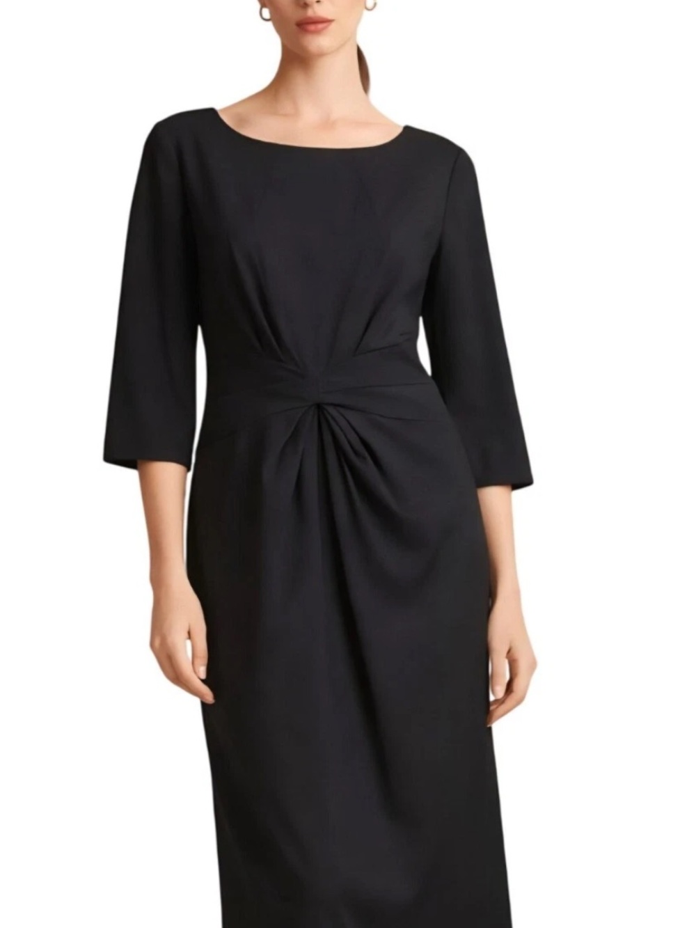 Lafayette 148 Elegant Black Wool Twist-Front Sheath Dress, 3/4 Sleeves, 2